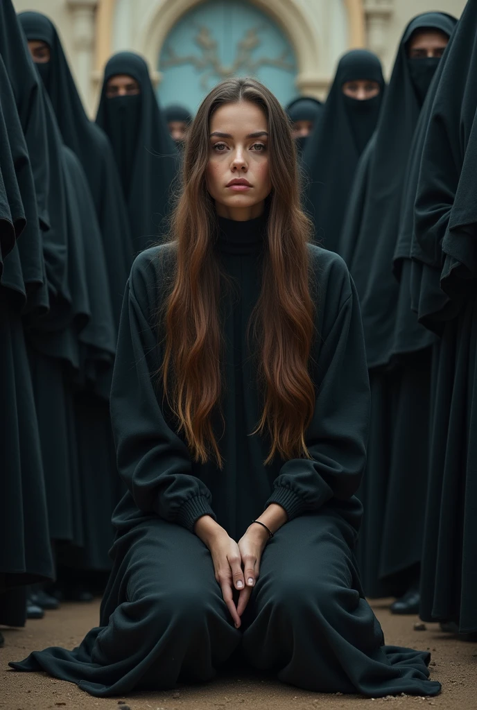 Woman of European origin with long hair ,big brown eyes, big mouth , large nose, kneeling in the middle of a crowd of people standing with a veil on their heads covering their hair