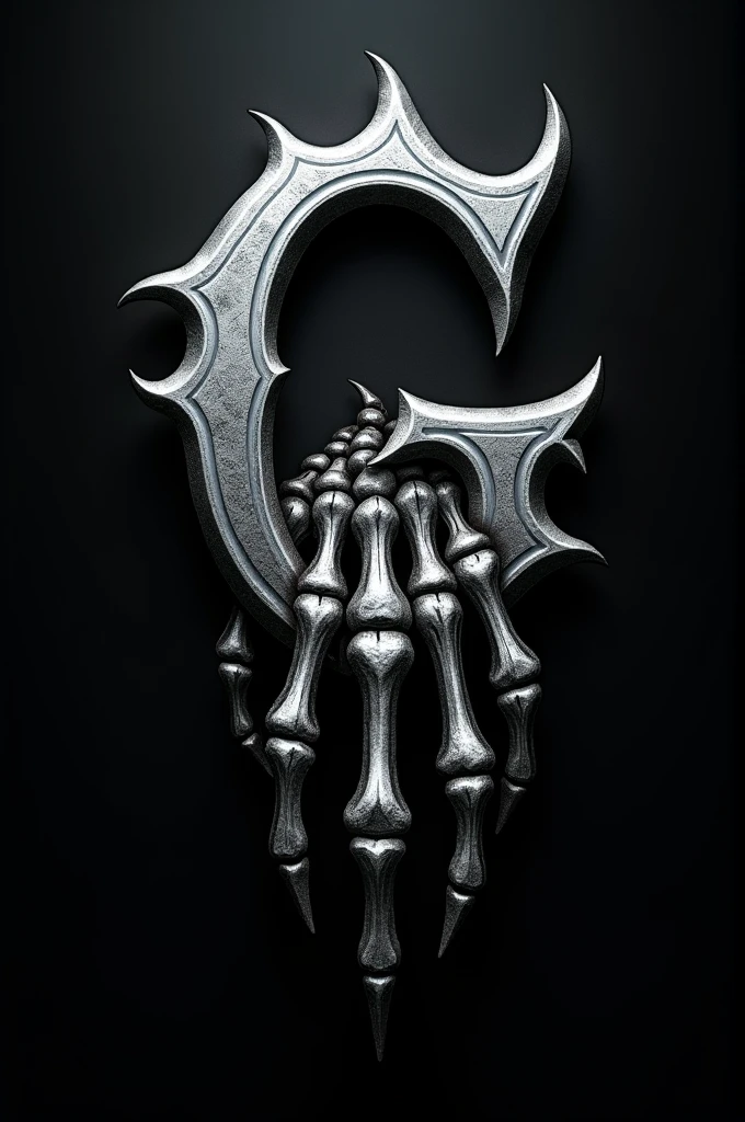create a tattoo logo with the letter G with the gothic font and a skull hand together all in silver color with a dark gloomy theme