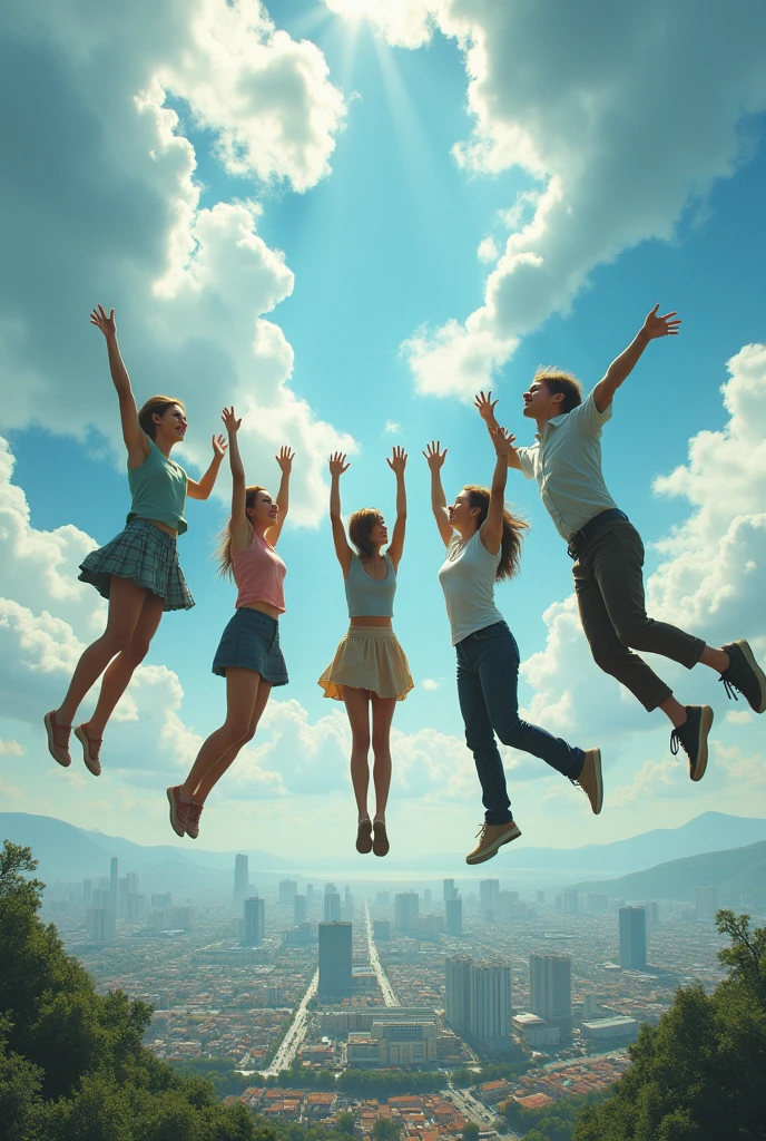 Create many people, women in casual knee-length skirts, men in casual long pants, flying with hands up towards the sky , and below panoramic view of a city