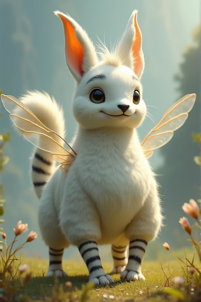 A creature that has a cylindrical body, an elongated head, two eyes, a small black nose, floppy ears, a long fluffy tail, a pair of wings, that has eight legs and that the color of its fur is white with black stripes