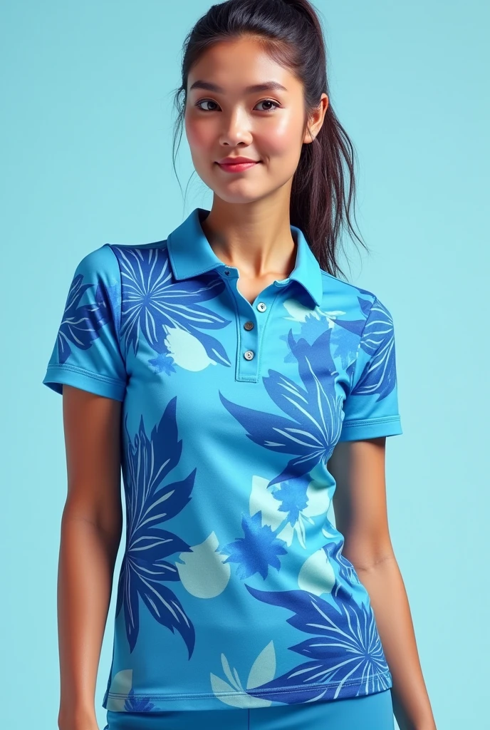 Create a women's sports polo shirt in blue and light blue with drug prints