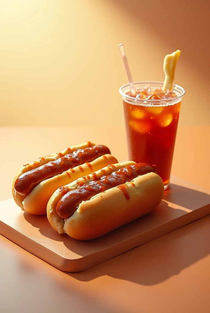 Image for advertising two hot dogs full of sauce and a soft drink