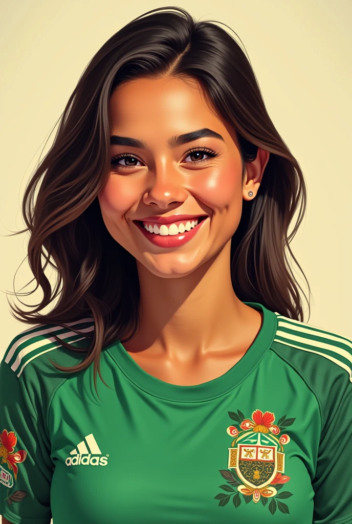 Create a portrait of a 23-year-old woman who has a green flowery shirt that says Adidas and who is chubby and of Uruguayan nationality