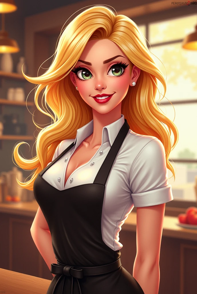 Female chef with blonde hair red lips straight hair animated for restaurant logo