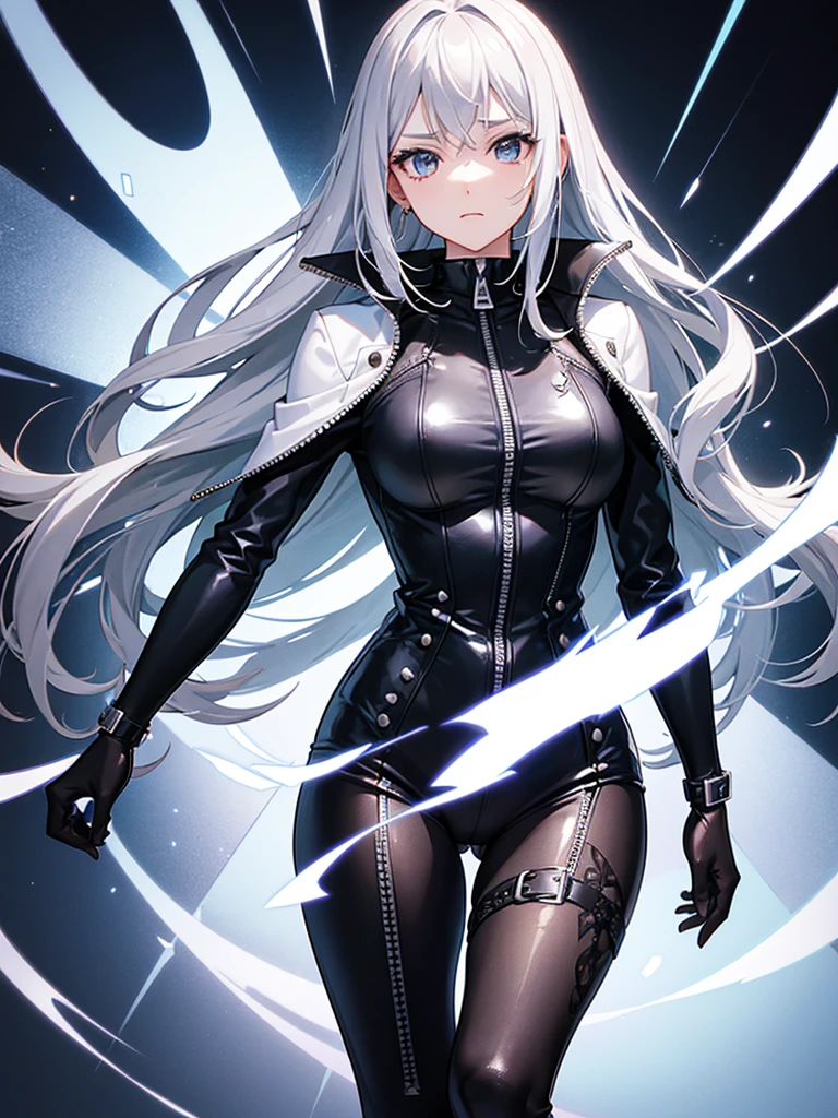 a girl,magician,silver hair,Expressionless,syncope,tights,((Super detailed zipper)),Sexy,weak,dynamic poses