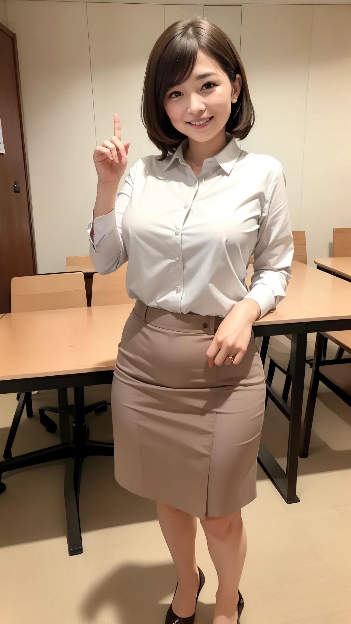 ((highest quality, 8k, masterpiece, Portraiture: 1.3)), (Looking at the audience), (Full Shot:0.85), Attractive business mature woman,3Man OL、A good friend、 A little thick:0.4,Light brown medium hair、 ((White collared shirt)), Grey tight skirt,((big 1.6)) (Large pelvis:0.9), ((Are standing)), conference room、,Good posture、conference room、Bright room、((A kind smile))、A captivating gaze、