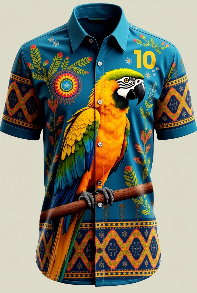 indigenous details: located on the front of the shirt,These details can be geometric patterns and traditional symbols, drawn in a lighter shade or in contrasting colors such as white or gold.  They can be arranged to create a harmonious and culturally significant look., spread subtly across the chest,shoulders and waist.
Brazilian Golden Macaw:
Centered on the front, slightly below the chest. The macaw should be drawn in a vibrant gold, with rich details that highlight their feathers and shapes, capturing the elegance and beauty of the bird. Macaw may be in a dynamic pose, as in flew to add a touch of movement and highlight. 
Number 10 located on the upper right chest. The number is small, in a clean, modern font, in a color that contrasts well with dark red, like white or gold. 
Small colorful macaw:
On the upper left chest, a smaller colorful macaw logo with bright colors like blue, green macaw can be styled in a more simplified way compared to the main golden macaw, but still vibrant and detailed. 
Collar and sleeves The collar and sleeves can be finished in a color that complements the designer, such as a border in a darker shade of red..