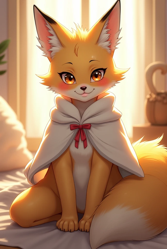 hs, (1girl:1.4), (jw3), Fox girl, (hairy pubic:1.5),(Cubs), hyper cute face, Light yellow fur, bodyfur, (thick thight:0.5), (full bodyesbian:1.1), perfect litthing, (tmasterpiece), (ultra - detailed), Eye God, Be red in the face, white clothes, looking at viewert, trouser, solo, White tail, cloak,shirt, The light from the back window is backlighted, mont, Ultra-detailed fur, BREAK BREAK BREAK, big tits
