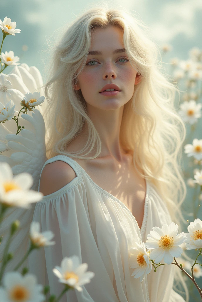 Name "MARCIA", white flowers in 3D. Angelic environment with glitter rain
