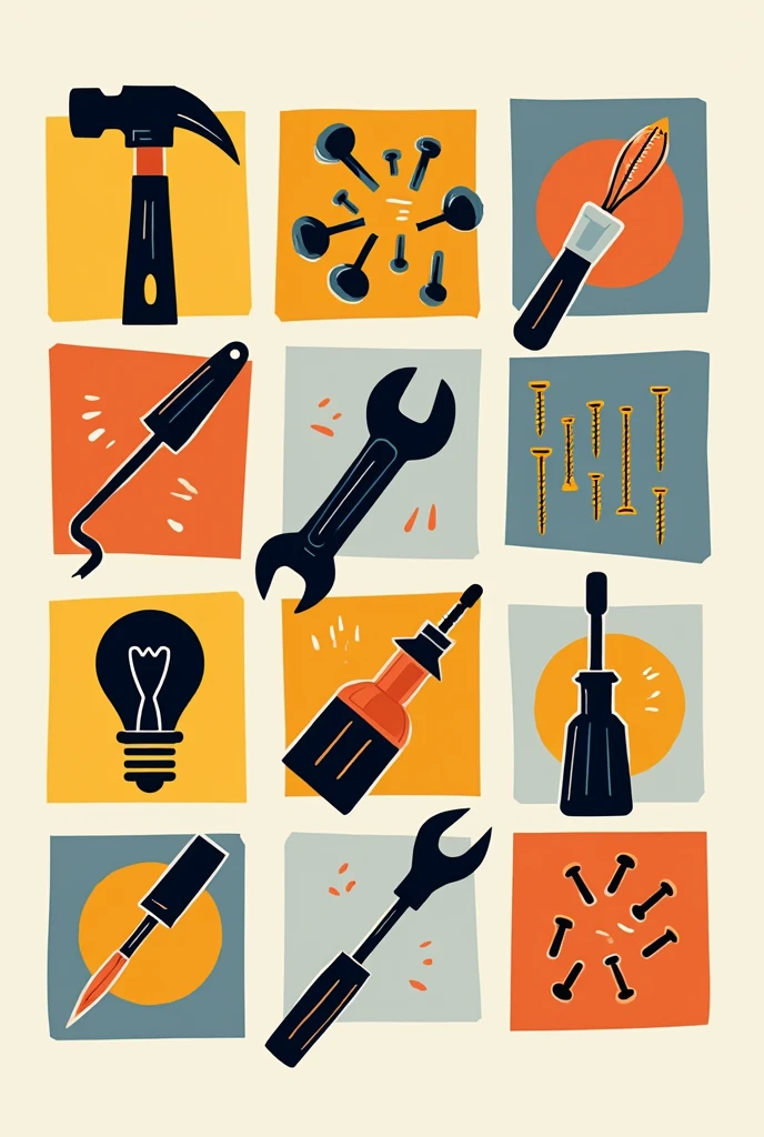 Create a drawing in the style of Joaquin Torres Garcia in vertical, but instead of having the symbols of that painter, draw symbols ONLY of basic electrical tools and components SIMPLE to draw (hammer, Wrench, tweezers, light bulb, Screwdriver, screws, thermal wrench, plug, switch). Make ALL squares and geometric shapes and inside some of these draw the tools. All with primary colors. Don't do it in 3D, Make it cartoon style just the outline and the tools in black and white. There are no borders between geometric figures. At least 15 squares of different asymmetrical sizes BUT ONLY GEOMETRIC FIGURES