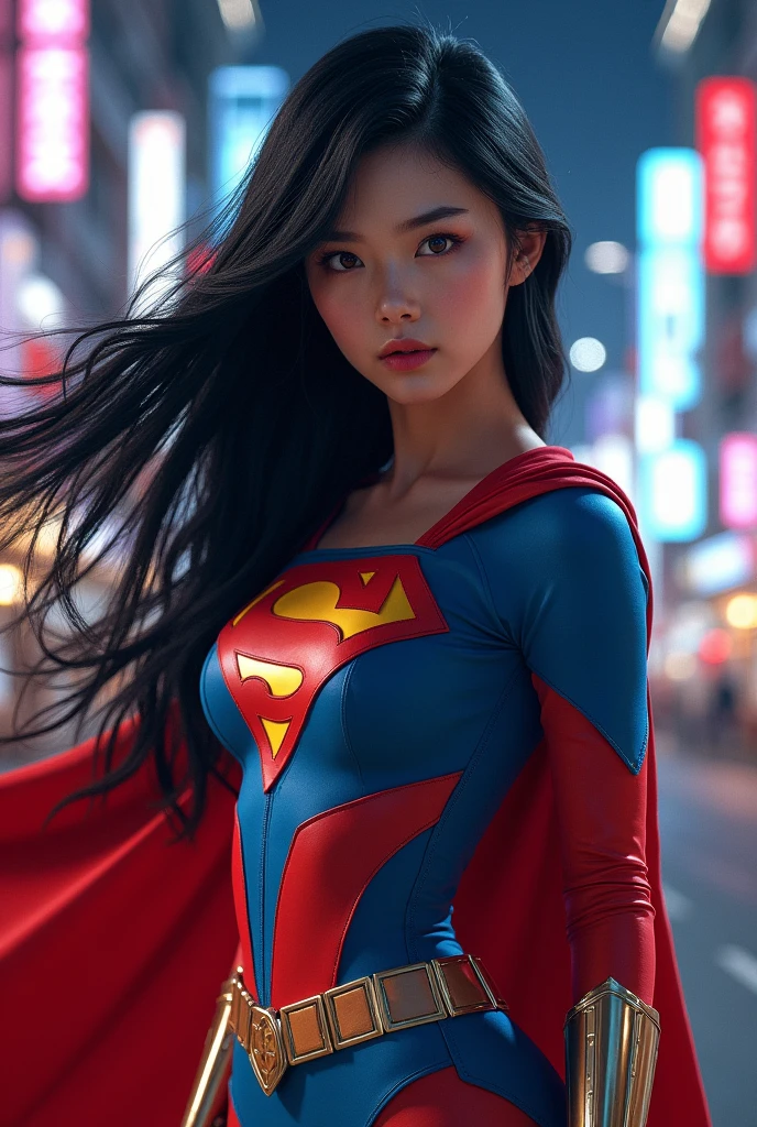 create an image of a beautiful Japanese girl wearing a Superwoman costume with the letter “NINA” on her chest. realistic