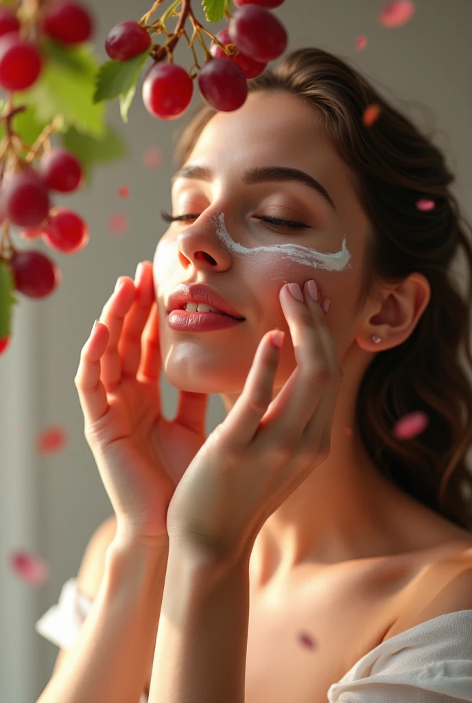 Imagine a woman in a relaxing skincare moment, gently applying a cream to your face. As she massages the product, a gentle rain of grapes falls around, touching your skin and creating a fun and refreshing contrast. The combination of skincare routine and grapes is unexpected and delightful, adding a playful touch to your beauty ritual.