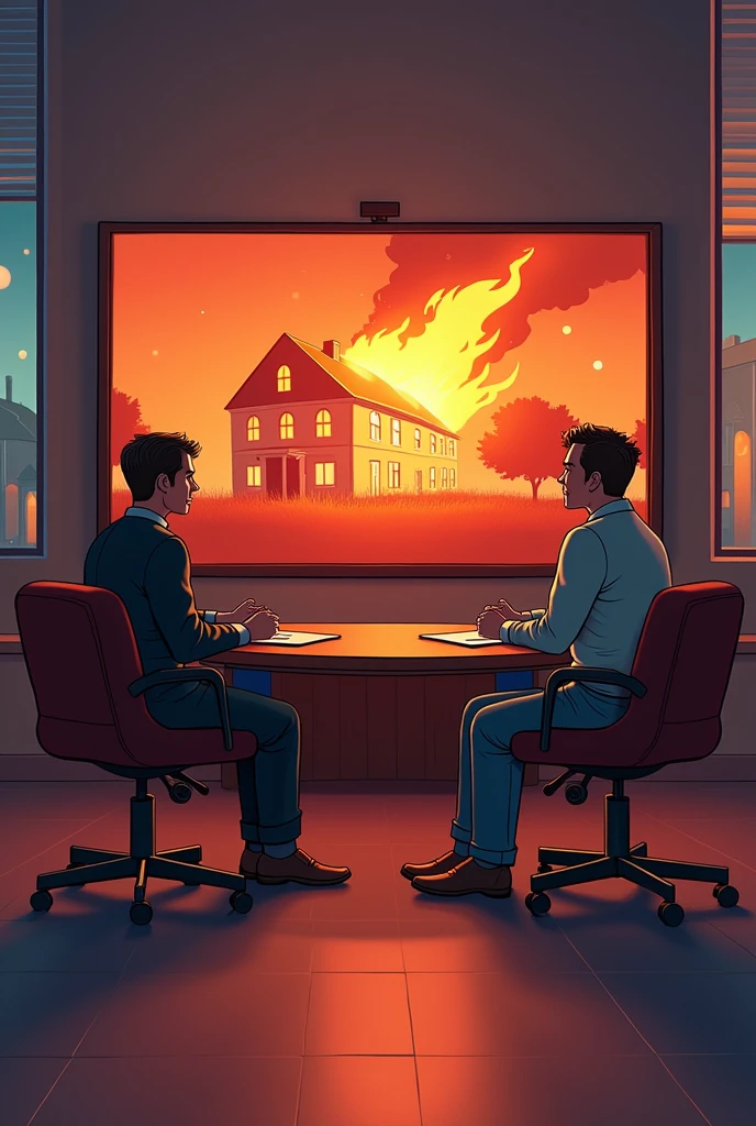 Image of a newscast being played on TV and there are two presenters (male and female) of news and behind them you can see on another screen that a house is burning ANIMATED CARTOON DRAWING LOOKING IN FRONT