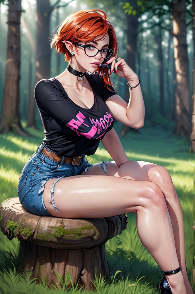 (large breasts 1.4), beautiful elf woman, ((Short Red Hair: 1.6, straight with shine)), bright blue eyes, bright eyes, double eyelids, light effect on eyes, detailed irises, sexy, curvy body, glasses,(( black tee shirt, choker, tiny denim shorts, black high heels, legs exposed,)) ((micro denim shorts, edgy sexy, Beautiful and cool, shorts)), ((work of art, hyper-realistic, hyper detailed, Best quality, 16k, light and shadow on skin, vivid colors), eyeliner, Thin eyebrows, Sensual expression, perfect lips, sexy mature face, ((skin with light and shadow) flirting seductively with the viewer, lots of freckles, full lips, extreme blush, smile, ((sitting with knees up and legs slightly spread on grass in forest)), daytime, noon, rays of light, masterpiece, ((hand resting in hair, biting lower lip)) ((Side View)),