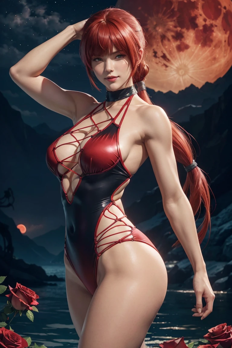 KOF,King of Fighters,Shermie,Red hair,long hair,Long hair tied in a ponytail,Hide your eyes with bangs,Beautiful white skin,Photorealistic,Ultra HD,high quality,masterpiece,Digital SLR,Detailed details,Intricate details,Anatomical basis,Depicted in detail,A detailed face,Realistic skin texture,Vivid details,Perfect Anatomy,Perfect Anatomy,Anatomically correct hand,Anatomically correct fingers,Super Detail,Complex 3D rendering,Sexy pose,Red swimsuit,Fantasy worldview,Beautiful red sea,Beautiful Red Moon,Beautiful night sky,Petals of roses dance,Picturesque,Pink Lips,smile,