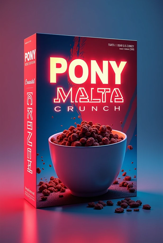 Cereal box with Pony Malta Crunch text:[design with futuristic red and blue colors:0.6], [ shows a cereal of Crunchy chocolate granola in a cup with milk:0.8]