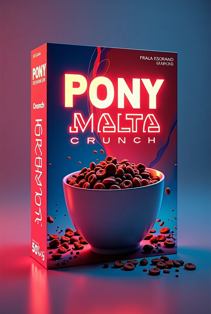 Cereal box with Pony Malta Crunch text:[design with futuristic red and blue colors:0.6], [ shows a cereal of Crunchy chocolate granola in a cup with milk:0.8]