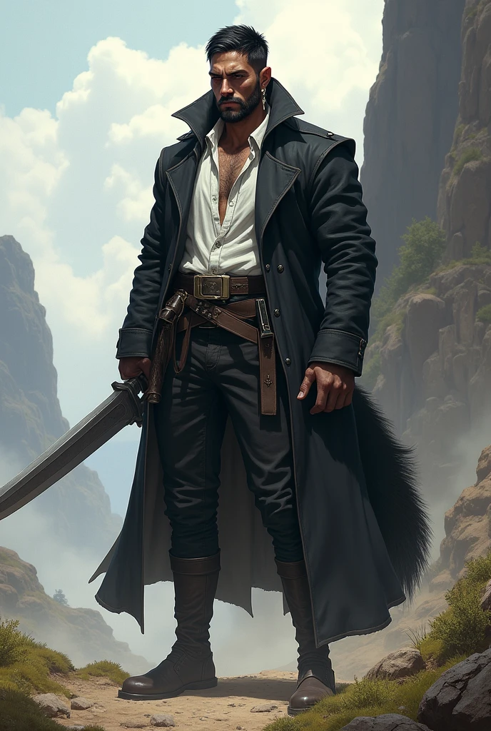 He is a tall indigenous man, 2 meters tall, with a square face and short dark hair and a beardless face with a smooth, clean-shaven face. His eyes are wolf-like and one of them is closed with pointy ears with earrings. He wears a dark black overcoat with a white shirt underneath and dark pants and has a strong physique and a large wolf tail. A large sword is strapped to his back. I would like the art in a fantasy RPG style. In the Wild West