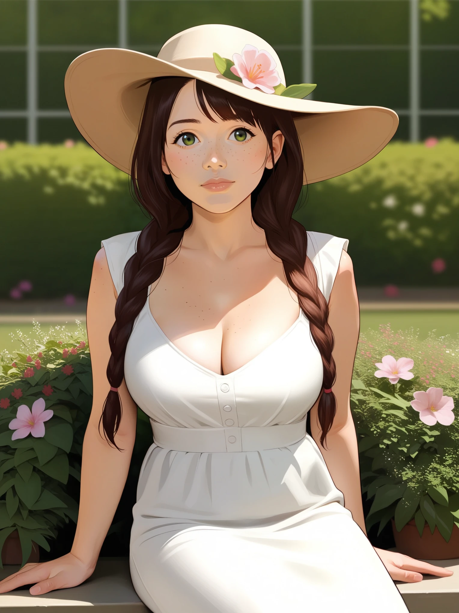 score_9, score_8_up, score_7_up, BREAK, rating_safe, zy_mirabel, 1girl, long hair, hat, flower, braid, freckles, hat flower, twin braids, large breasts, green eyes, sit, garden, realistic, photo, real hair, detailed skin, highly detailed, detailed skin, depth of field, film grain,animation, ikuchan 