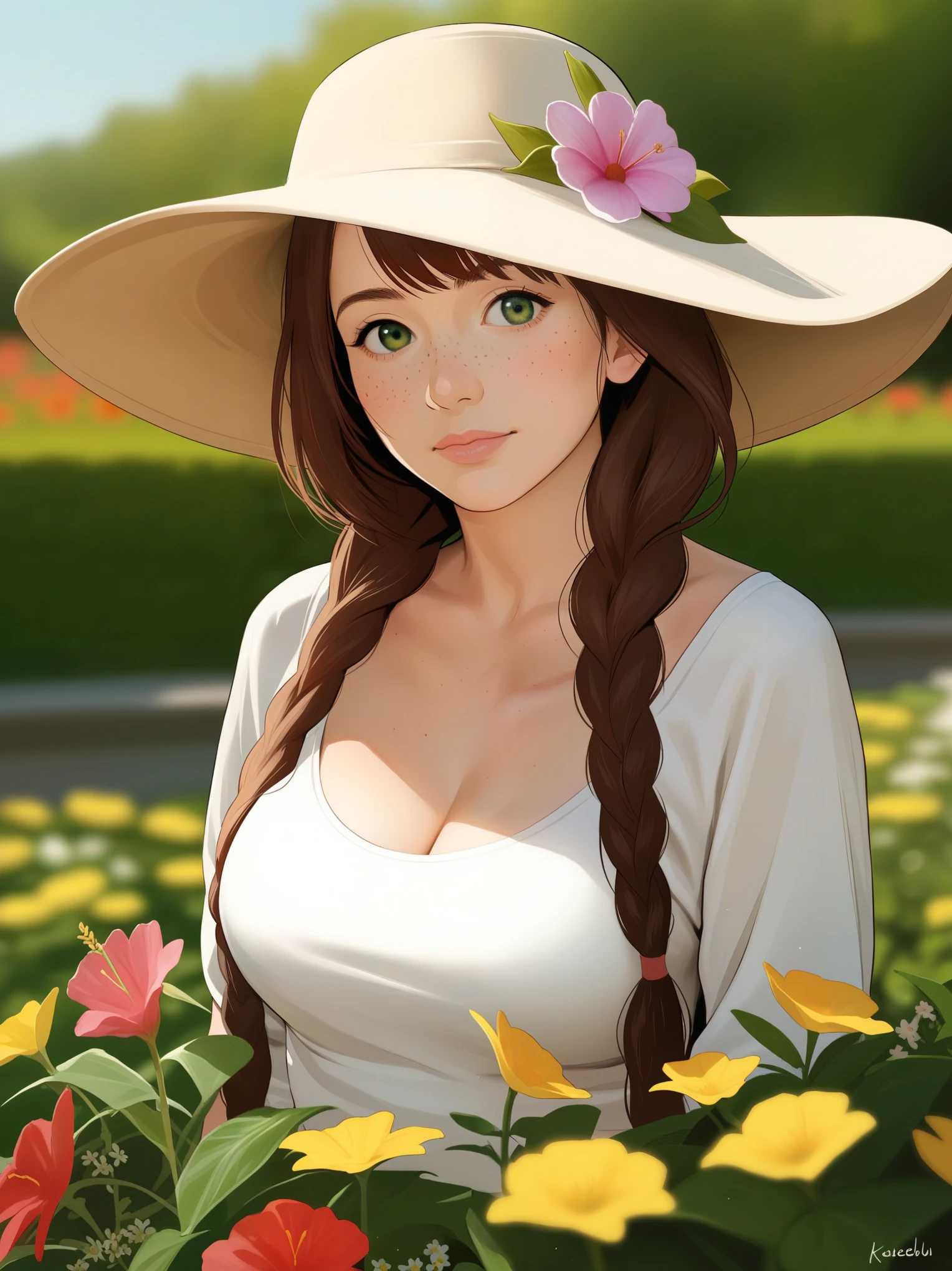 score_9, score_8_up, score_7_up, BREAK, rating_safe, zy_mirabel, 1girl, long hair, hat, flower, braid, freckles, hat flower, twin braids, large breasts, green eyes, sit, garden, realistic, photo, real hair, detailed skin, highly detailed, detailed skin, depth of field, film grain,animation, ikuchan