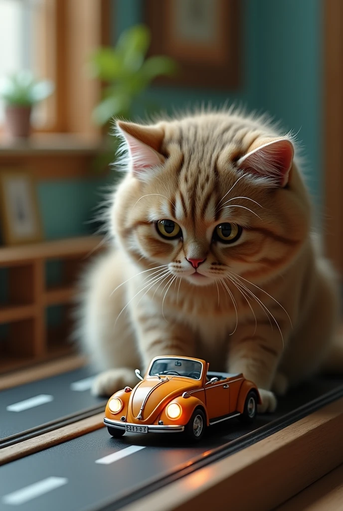 a miniature detailed 1970 volkswagen beetle car, detailed turn on lighting, on a toy roadtrack, (a giant friendly ultrarealistic kitty cat playing with the tiny car), ((highly detailed, photorealistic)), 4k, 8k, masterpiece, hyperrealistic, ultra-detailed, physically-based rendering, vivid colors, studio lighting, sharp focus, professional