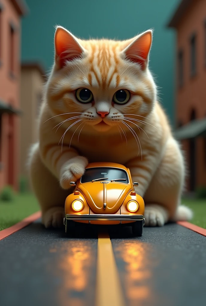 a miniature detailed 1970 volkswagen beetle car, detailed turn on lighting, on a toy roadtrack, (a giant friendly ultrarealistic kitty cat playing with the tiny car), ((highly detailed, photorealistic)), 4k, 8k, masterpiece, hyperrealistic, ultra-detailed, physically-based rendering, vivid colors, studio lighting, sharp focus, professional