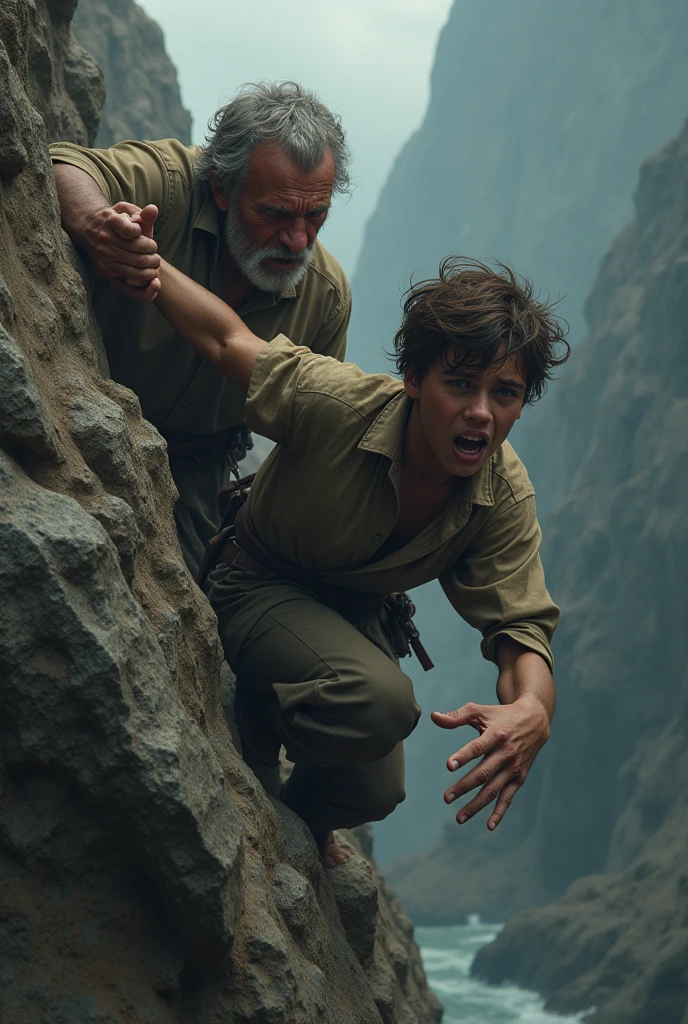 A father holding on with one hand and the other hand holding the hand of his teenage son who is struggling to get out of a cliff, that the face shows the suffering 

