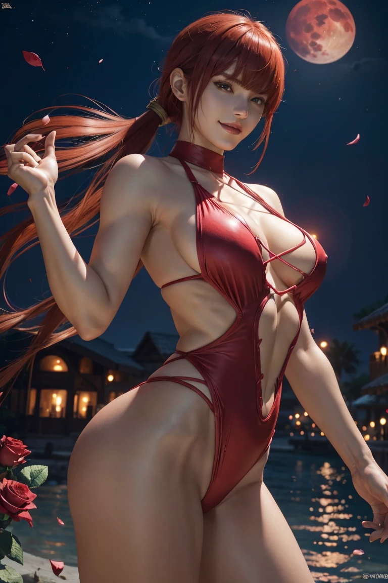 KOF,King of Fighters,Shermie,Red hair,long hair,Long hair tied in a ponytail,Hide your eyes with bangs,Beautiful white skin,Photorealistic,Ultra HD,high quality,masterpiece,Digital SLR,Detailed details,Intricate details,Anatomical basis,Depicted in detail,A detailed face,Realistic skin texture,Vivid details,Perfect Anatomy,Perfect Anatomy,Anatomically correct hand,Anatomically correct fingers,Super Detail,Complex 3D rendering,Sexy pose,Red swimsuit,Fantasy worldview,Beautiful red sea,Beautiful Red Moon,Beautiful night sky,Petals of roses dance,Picturesque,Pink Lips,smile,