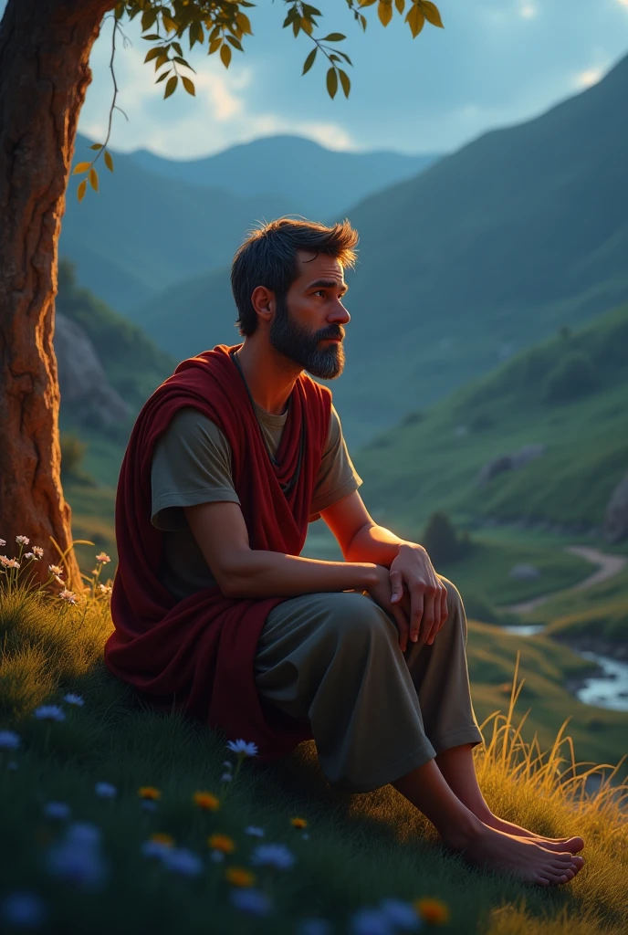 Pixar-type image scene where Oedipus finds himself alone, with a thoughtful expression, remembering fragments of his childhood.