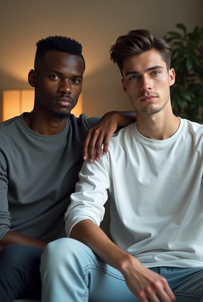 best qualityer:1.4), (ultra high resolution:1.2), (photorrealistic:1.4), (8k, CRU photo:1.2), a thin young man of 20 years old, skin black, with a smooth, beardless face, buzzcut haircut short on sides and top, is wearing black jeans. Gray long sleeve shirt. He is sitting on a white sofa in a living room. Buzzcut haircut with a little volume on top. Thin arms without weight training. Corte de cabelo buzzcut. There is another young man next to him. skin fair. sitting not sofa. Dark brown hair with volume. Long-sleeved white shirt. light jeans. He has his hand on the leg of the man next to him. Camera is focusing on their face