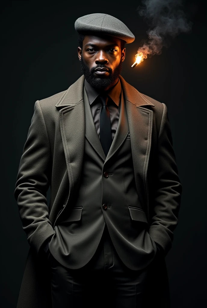 black man with overcoat, Suit, beret and bullet on fire.