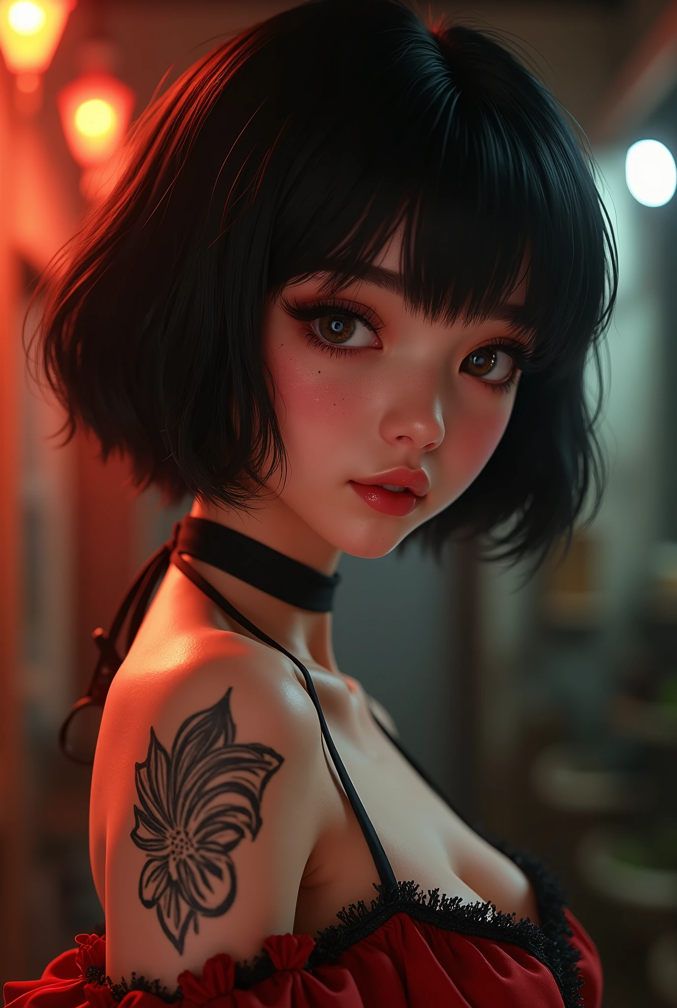 2, gorgeous cute Russian girl, smirk, freckles, 1girl, cowboy shot of beautiful ada, looking at viewer, red dress, black hair, blush, short hair, athletic night, volumetric lighting, White batik dress with black layers , best quality, masterpiece, intricate details, tonemapping, sharp focus, hyper detailed, trending on Artstation, ada, realistic armpits sweaty and hairy a lot, good young girl, (masterpiece:1.0),(best_quality:1.0), ultra high res,4K,ultra-detailed, photography, 8K, HDR, highres, absurdres:1.2, Kodak portra 400, blurry background, bokeh, lens flare, (vibrant_color:1.2),professional photograph,(the_tattoo:1.5),(Beautiful,large_Breasts), (beautiful_face:1.5),(narrow_waist).