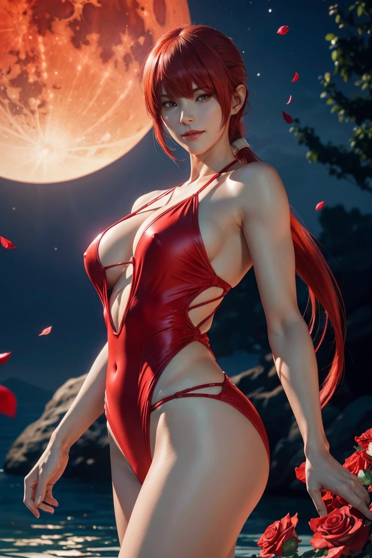 KOF,King of Fighters,Shermie,Red hair,long hair,Long hair tied in a ponytail,Hide your eyes with bangs,Beautiful white skin,Photorealistic,Ultra HD,high quality,masterpiece,Digital SLR,Detailed details,Intricate details,Anatomical basis,Depicted in detail,A detailed face,Realistic skin texture,Vivid details,Perfect Anatomy,Perfect Anatomy,Anatomically correct hand,Anatomically correct fingers,Super Detail,Complex 3D rendering,Sexy pose,Red swimsuit,Fantasy worldview,Beautiful red sea,Beautiful Red Moon,Beautiful night sky,Petals of roses dance,Picturesque,Pink Lips,smile,