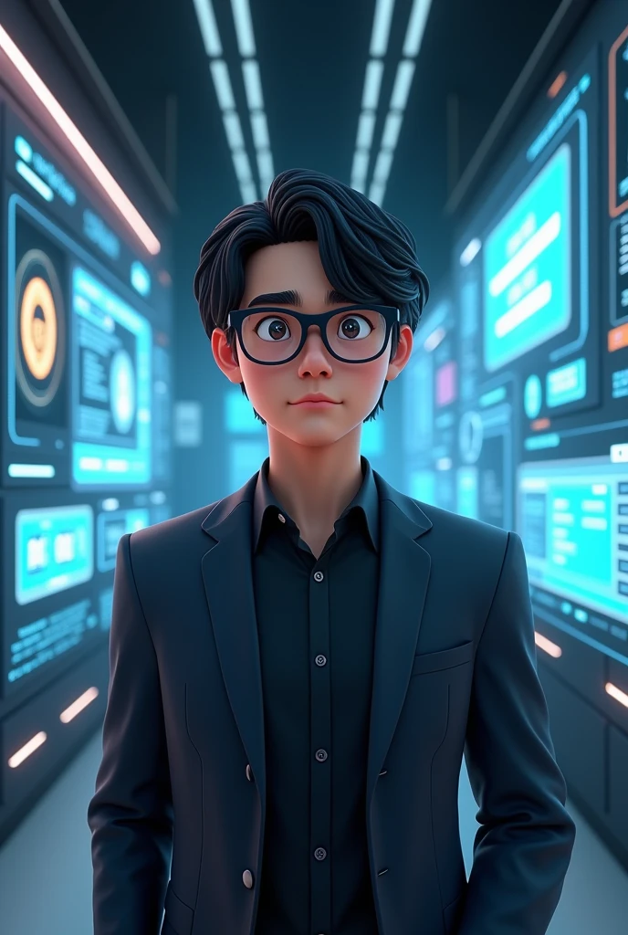 A front animation of a 29 year old brown Brazilian man with medium length black straight hair wearing glasses,  weighing around 89 kg in a technology scenario, 