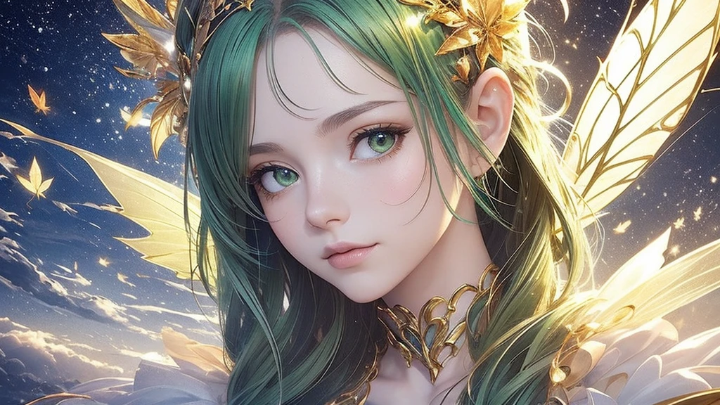 “Create an extreme close-up portrait of a Leaf Fairy. The fairy should have vibrant green hair, delicate leaf or flower-like wings, and a serene expression. The background should be heavily blurred to emphasize the fairy’s face, with soft, nature-inspired colors.”