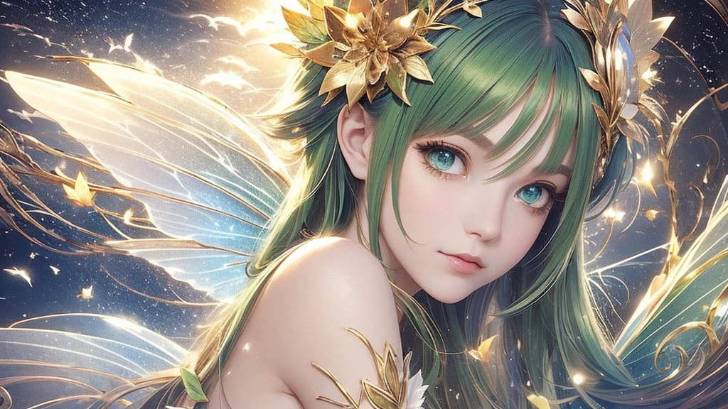 “Create an extreme close-up portrait of a Leaf Fairy. The fairy should have vibrant green hair, delicate leaf or flower-like wings, and a serene expression. The background should be heavily blurred to emphasize the fairy’s face, with soft, nature-inspired colors.”