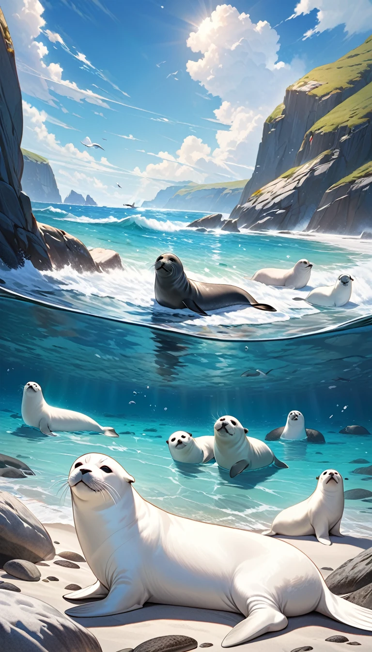 Ultra-realism . a breathtaking seascape of group of seals, including the white seal, basking happily in the sun on a rocky beach by the turquoise water. The sky is clear, and the seals are relaxed and content, symbolizing a peaceful and happy ending to the journey."
These prompts should help create the visual elements that bring the story to life, capturing both the challenges and the happy resolution of the white seal's journey.