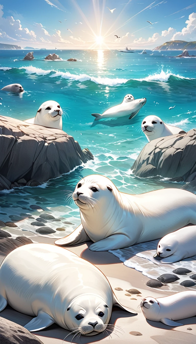 Ultra-realism . a breathtaking seascape of group of seals, including the white seal, basking happily in the sun on a rocky beach by the turquoise water. The sky is clear, and the seals are relaxed and content, symbolizing a peaceful and happy ending to the journey."
These prompts should help create the visual elements that bring the story to life, capturing both the challenges and the happy resolution of the white seal's journey.