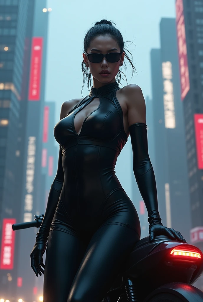 matrix trinity,kung fu,(masterpiece, Best Quality, High resolution, 32K HDR)), (Perfect portrait of trinity00:1.15), (black body suit:1.1, realistic Trinity sunglasses:1.1), Ultra detailed eyes, hyper derailed face, Detailed mouth, Detailed skin texture, (Atmospheric lighting), Shot with Aricum LT camera, (realistic driving the bike:1.2, on the highway:1.1, Huge breasts:1.15),