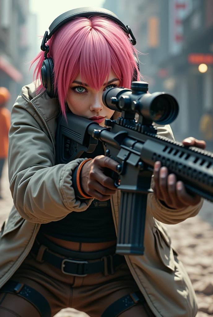 ((Best Quality)), ((masterpiece)), (detailed), (original), (realist), sniper rifle, telescopic sight, caliber and bullets 556mm, professional, driven by short hair girl, pink hair color red tips, blue eyes and ash red, long jacket, special forces clothing, shoes brown boots,
