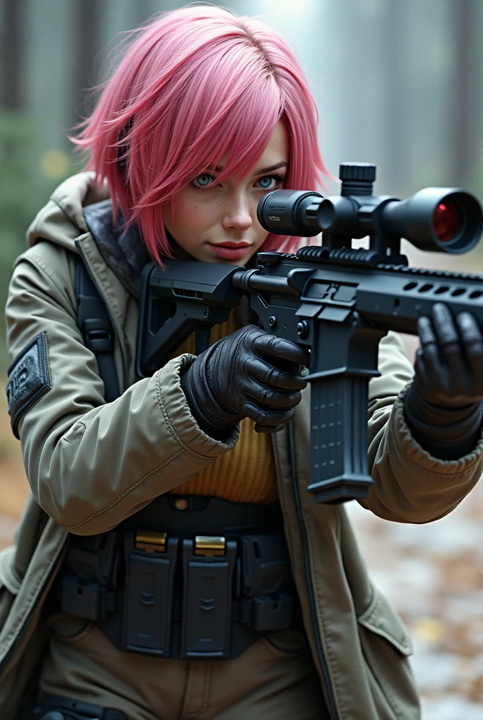 ((Best Quality)), ((masterpiece)), (detailed), (original), (realist), sniper rifle, telescopic sight, caliber and bullets 556mm, professional, driven by short hair girl, pink hair color red tips, blue eyes and ash red, long jacket, special forces clothing, shoes brown boots,