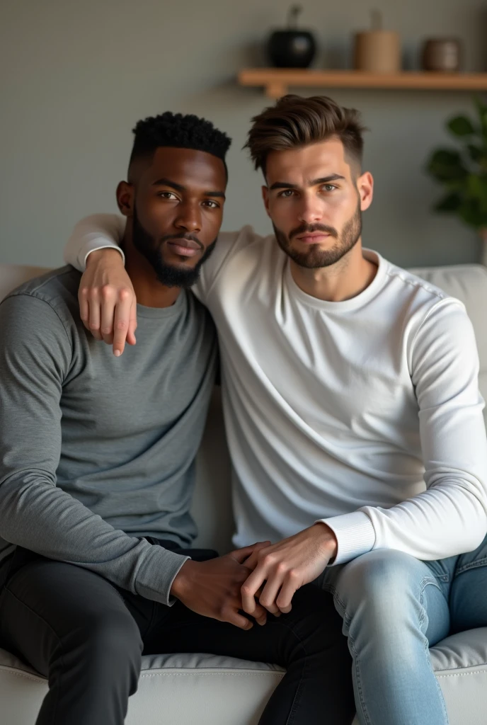 best qualityer:1.4), (ultra high resolution:1.2), (photorrealistic:1.4), (8k, CRU photo:1.2), a thin young man of 20 years old, skin black, with a smooth, beardless face, buzzcut haircut short on sides and top, is wearing black jeans. Gray long sleeve shirt. He is sitting on a white sofa in a living room. Buzzcut haircut with a little volume on top. Thin arms without weight training. Corte de cabelo buzzcut. There is another young man next to him. skin fair. sitting not sofa. Dark brown hair with volume. Long-sleeved white shirt. light jeans. He has his hand on the leg of the man next to him. Camera is focusing on their face