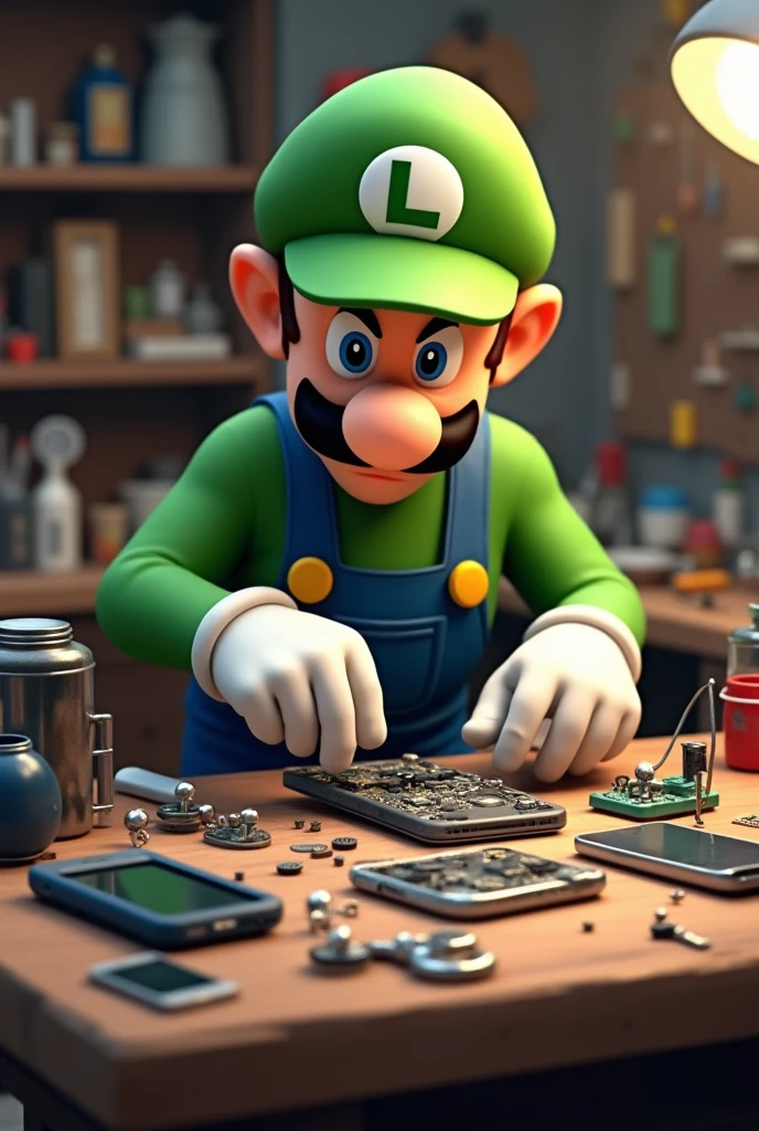 An image of Luigi from Mario Bros repairing cell phones 