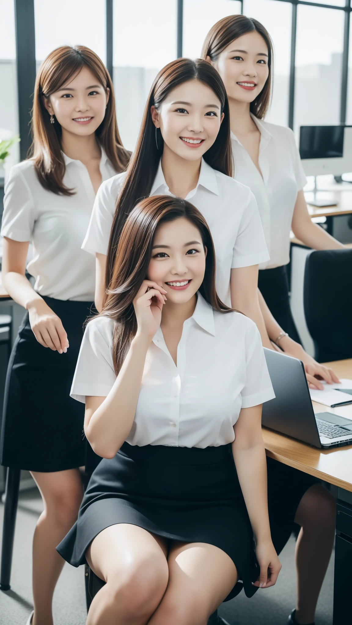 ((highest quality, 8k, Representative works in detail, Ultra-high resolution)), (Group photo), (Looking at the audience), (Mid Shot:), Attractive business mature women 5-people, 5-people, A little chubby:0.25, White collared shirt, Grey Skirt, (Sitting cross-legged at an office desk)), smile, President's office,