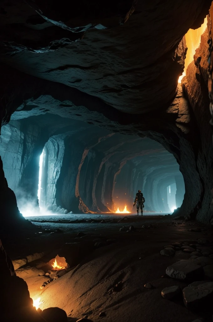 Cave cave interior scene, horizontal scene, game sideboard scene, retro cyberpunk style, steam age, parallel perspective, cyberpunk, lava cave scene, heads-up, retro