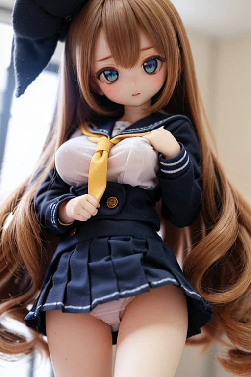 Doll、Doll、delicate、detailed、high quality、High resolution、4hair、high quality、long Hair、long hair、Brown Hair Color、Turquoise Eyes、uniform、high school student、Big Breasts、Sailor suit、Ultra-mini pleated skirt、Navy Blue Skirt、loose socks、Pure white panties、Shiny panty fabric、Crotch close-up