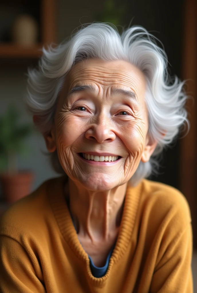 I want a happy grandmother in Human with real human skin 