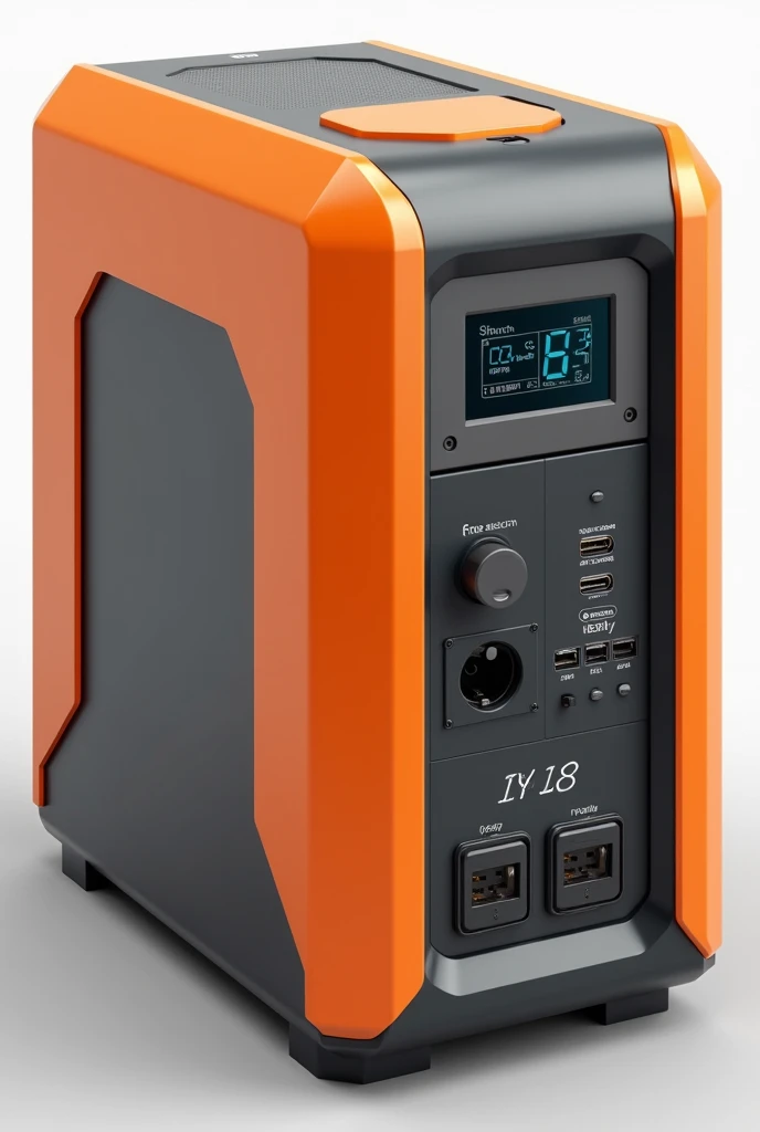 Portable power station : features is The color of the device should be orange and gray tones, with dimensions of h:55cm x d:35cm x w60cm, 3 pcs AC inputs on the front, a square digital screen for control and 4pcs USB and 2pcs Type-C inputs.