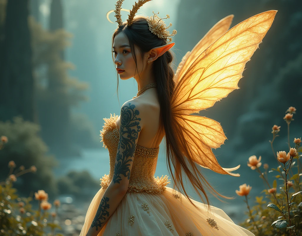 (Ogata Kōrin style:1.2) Over-the-Shoulder type painting of a (a beautiful Asian female fairy with Ball Gown outfit and tattooed:1.3), she have (elf like ears:1.3), (Nubian ibex horns:1.3), halo over her head and standing with a magical creature who’s shape is like golden blue light in front of a natural landscape, intricate details, UHD, sharp focus, shallow depth of field, 8k, photography focus, blur, realistic, dramatic lighting film grain, 85mm, focus sony a7 4, 85mm 1.2 Gmaster, by Ogata Kōrin