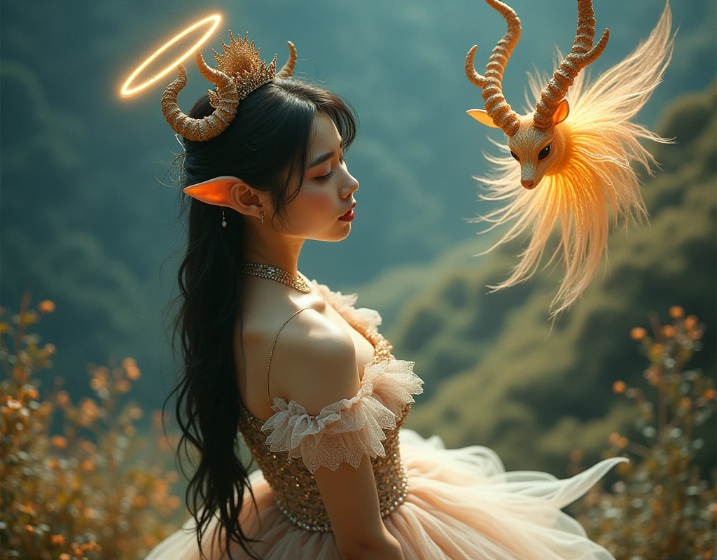 (Ogata Kōrin style:1.2) Over-the-Shoulder type painting of a (a beautiful Asian female fairy with Ball Gown outfit and tattooed:1.3), she have (elf like ears:1.3), (Nubian ibex horns:1.3), halo over her head and standing with a magical creature who’s shape is like golden blue light in front of a natural landscape, intricate details, UHD, sharp focus, shallow depth of field, 8k, photography focus, blur, realistic, dramatic lighting film grain, 85mm, focus sony a7 4, 85mm 1.2 Gmaster, by Ogata Kōrin
